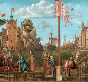 Vittore Carpaccio, Ciclo di Sant’Orsola, Incontro dei fidanzati e partenza dei pellegrini, tela, cm 279 x 610